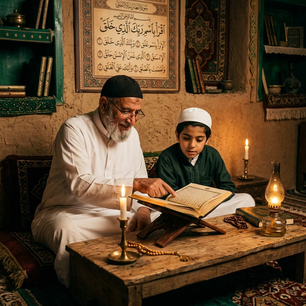 معلم وطالب يدرسان القرآن